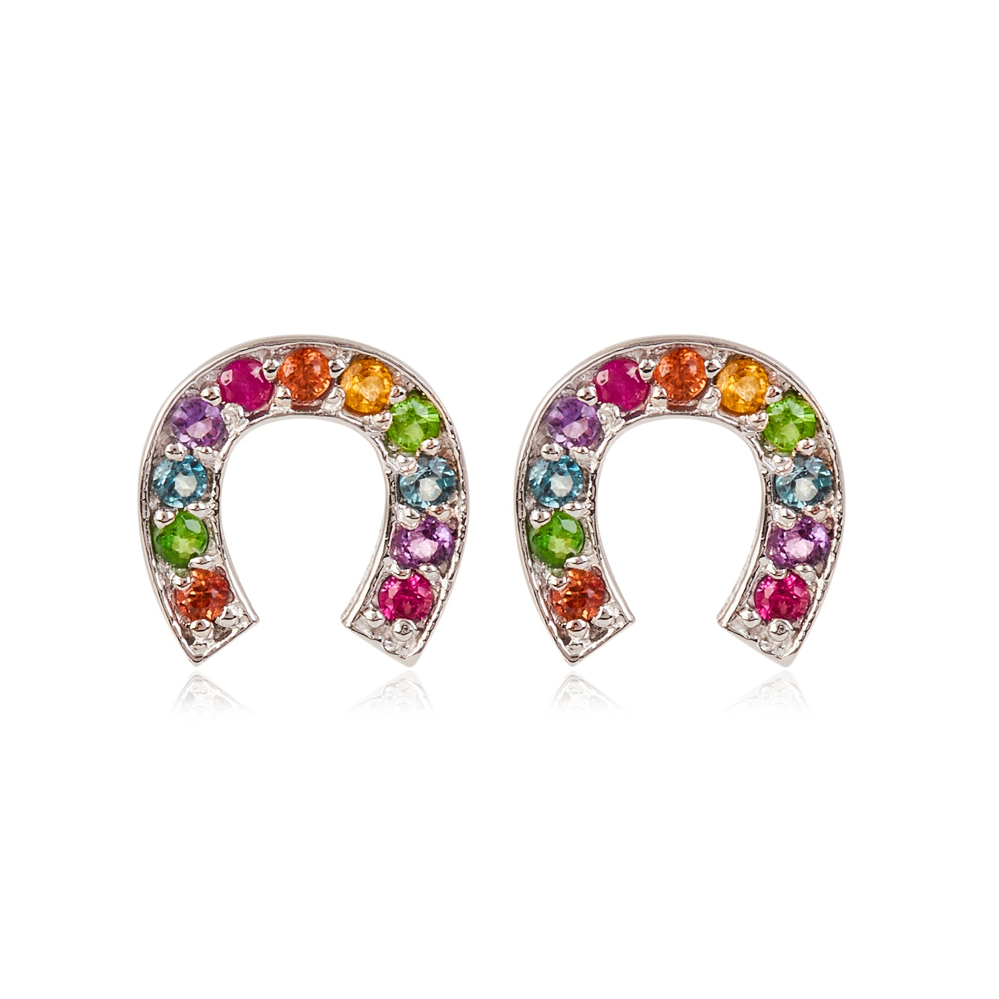 Mini Rainbow Horseshoe Earring with Natural Stones in 18k Gold