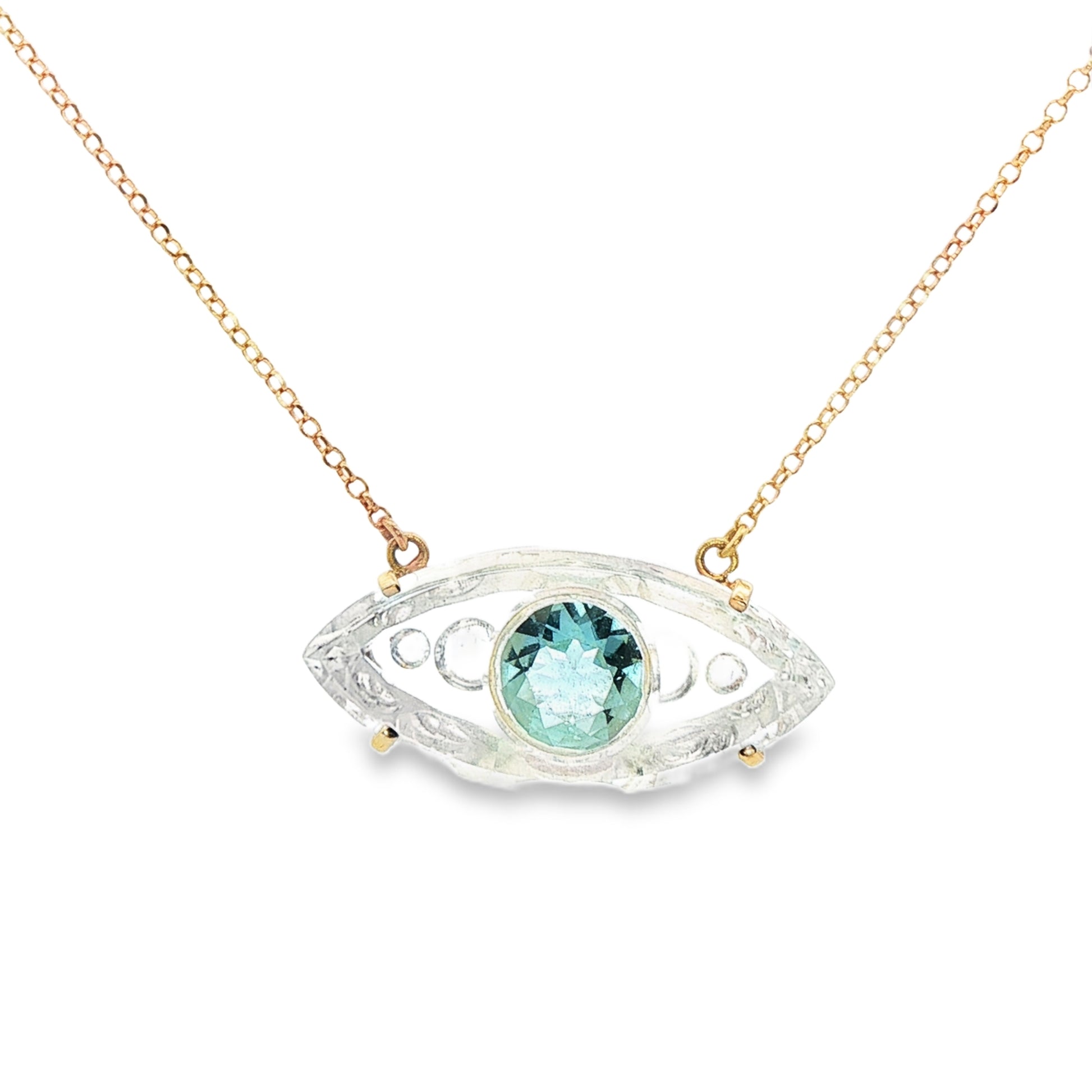 Yellow Gold Evil Eye Necklace with Clear & sky topaz stones
