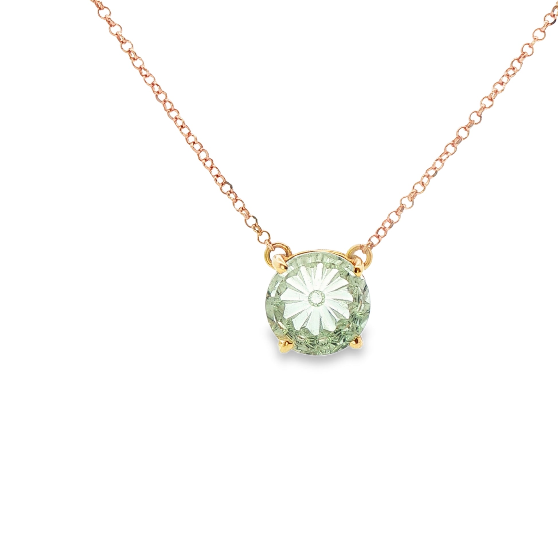 Rose Gold Chain Necklace with Carved Round Peridot