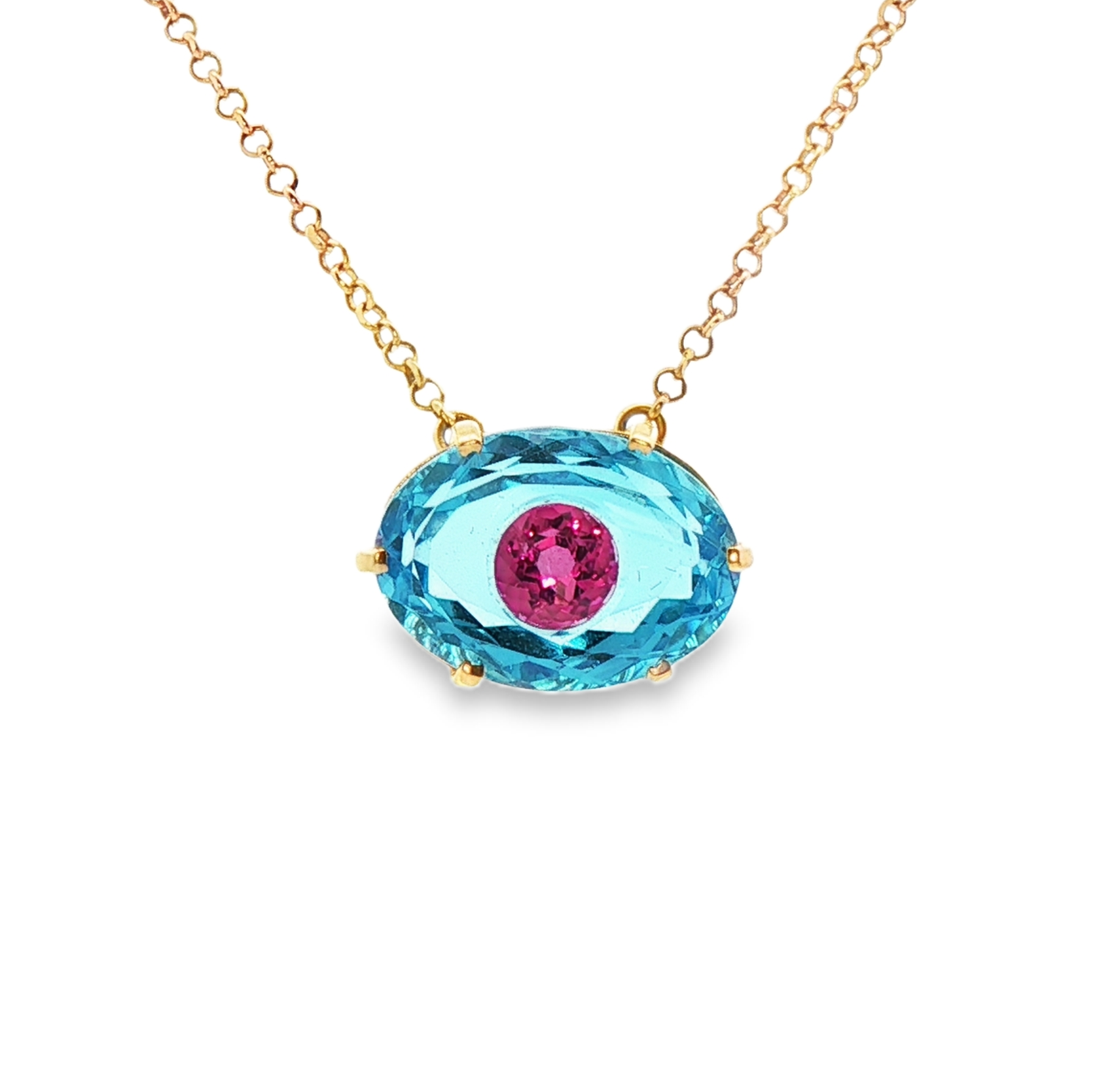 Evil Eye necklace Blue Topaz  & Pink tourmaline Pendant