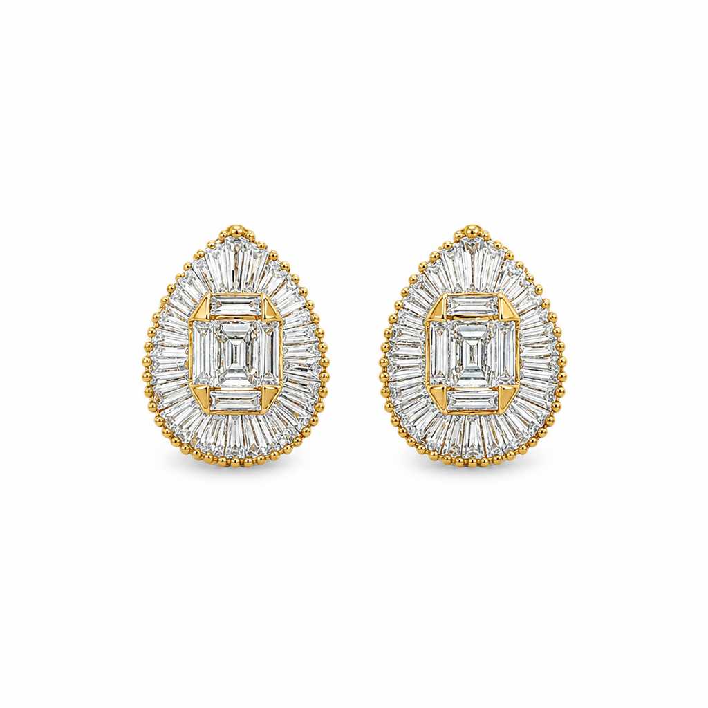Pear-Shaped Baguette Diamond Cluster Stud Earrings in Yellow Gold