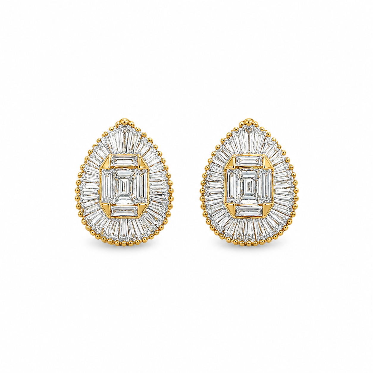 Pear-Shaped Baguette Diamond Cluster Stud Earrings in Yellow Gold
